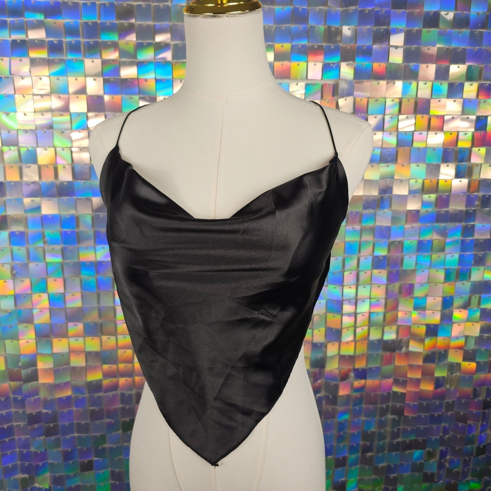 Handkerchief Y2K Cowl Neck Top Women OS Black Satin Tie Back Jersey Shore Summah - Picture 2 of 10